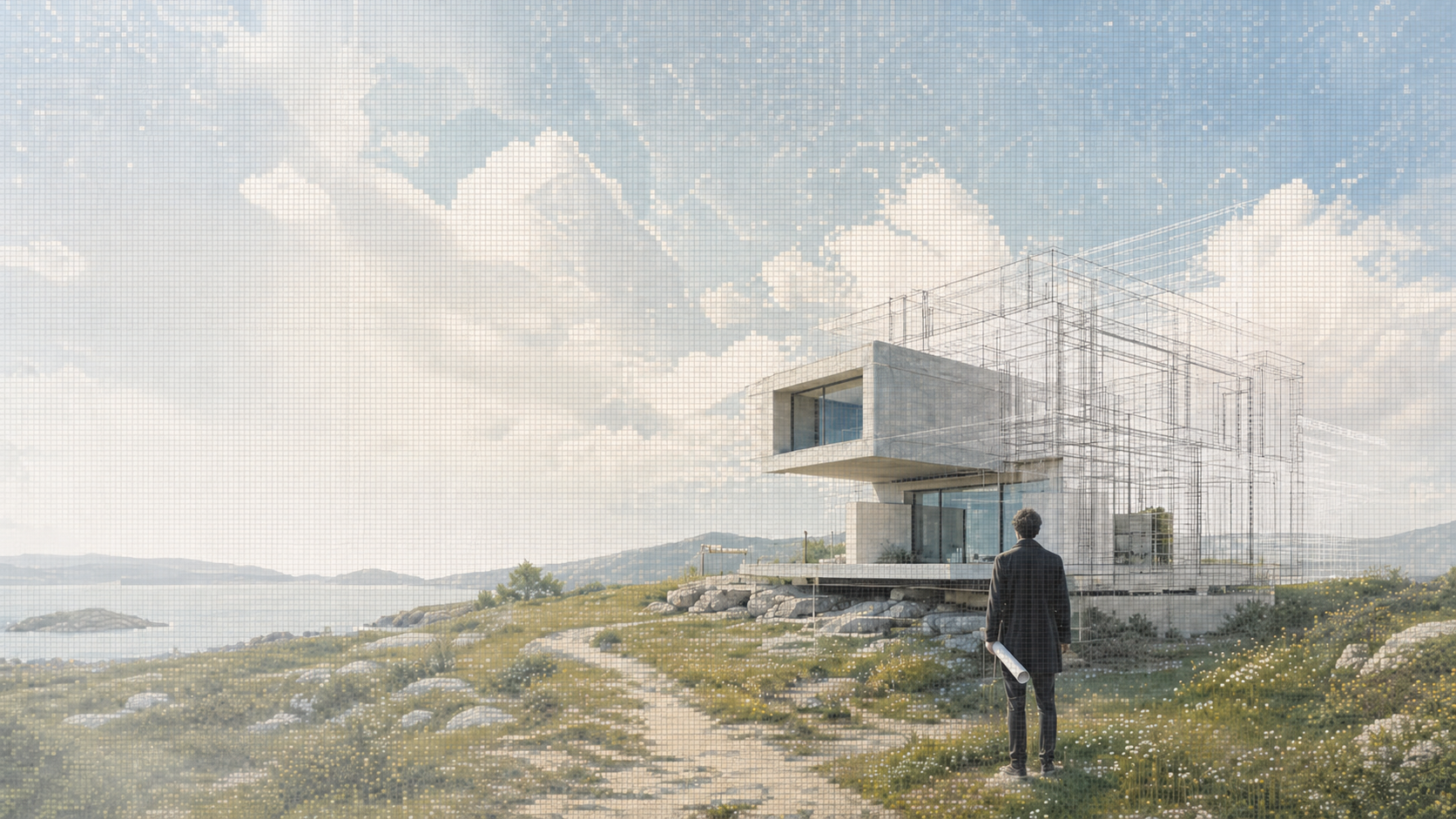 Moderne bolig under projektering med arkitektoniske stregtegninger
